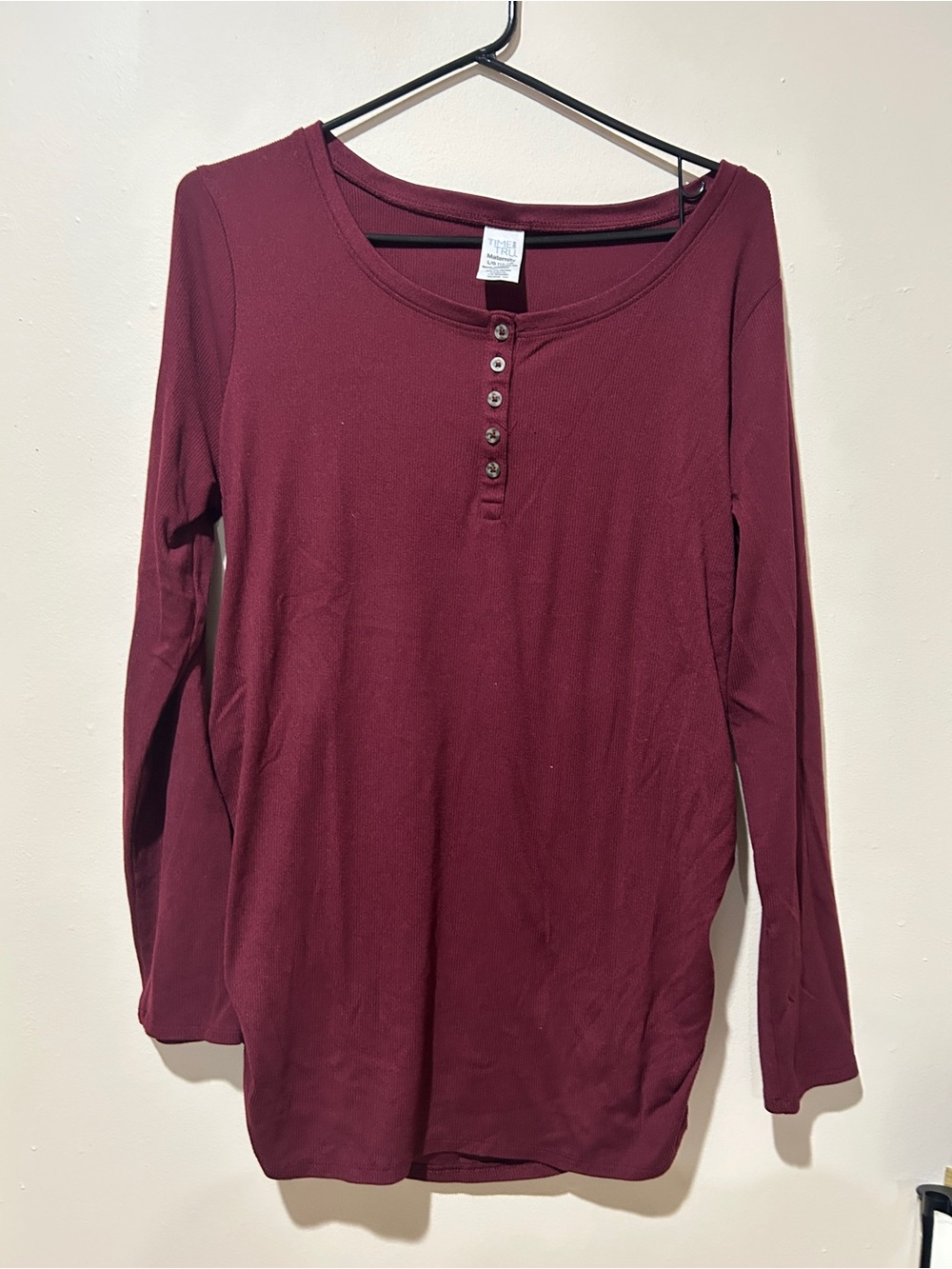 Time and True Maternity Long Sleeve Henley Top in Burgundy -